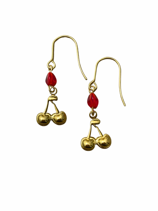 Red Cherry Earrings in Gold