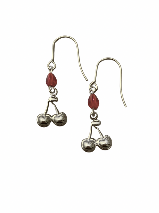 Red Cherry Earrings in Silver